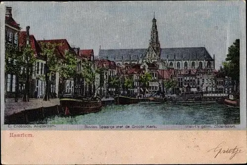 Künstler Ak Haarlem Nordholland, Binnan Spaarne met Groote Kerk