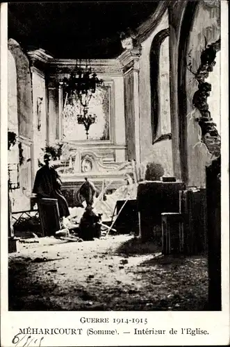 Ak Méharicourt Somme, Interieur de l'Eglise, Guerre 1914-1915