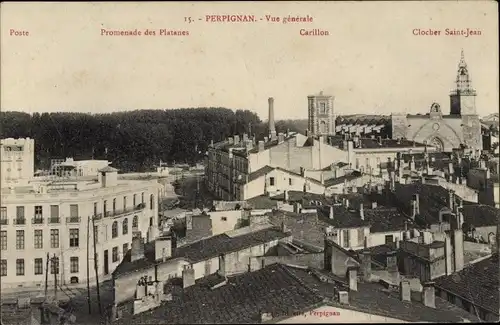 Ak Perpignan Pyrénées Orientales, Vue generale, Clocher Saint Jean, Poste, Carillon