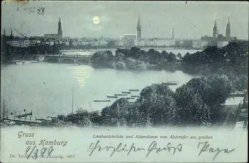 Mondschein Ak Hamburg, Blick auf den Alsterdamm, Lombardsbrücke, Nacht