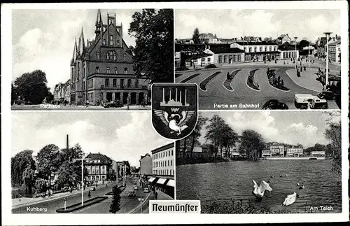 Ak Neumünster in Schleswig Holstein, Rathaus, Kuhberg, Partie am Bahnhof, Teich, Schwan, Wappen