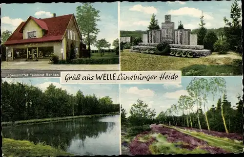 Ak Welle in Niedersachsen, Geschäft Renken, Ehrenmal, Fischteich