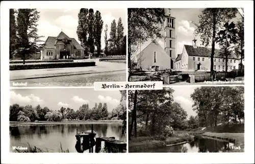 Ak Berlin Reinickendorf Hermsdorf, Stadtansichten, Bahnhof, Kirche, Waldsee, Fließ