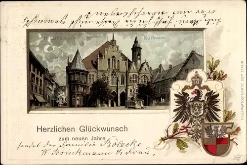 Wappen Litho Hildesheim in Niedersachsen, Glückwunsch Neujahr, Rathaus