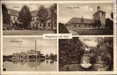 Ak Ringelheim Salzgitter in Niedersachsen, Schloss, Evang. Kirche, Zuckerfabrik, Schlosspark