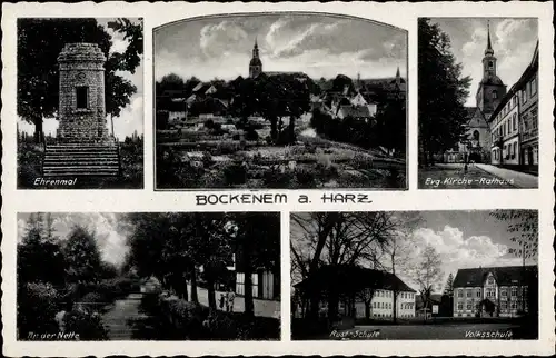 Ak Bockenem am Harz, Ehrenmal, Ev. Kirche, Volksschule, Rust Schule, Nettepartie, Panorama