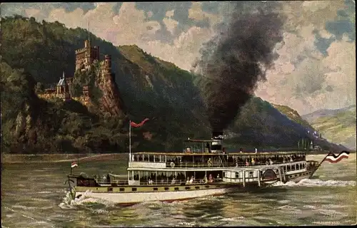 Künstler Ak Pützenhofen Hambüchen, Paul, Dampfschiff auf dem Rhein, Salondampfer vor Burg Rheinstein