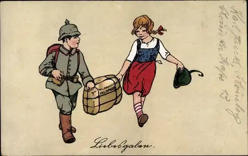 Künstler Ak Liebesgaben, Junge in Uniform, Mädchen, Feldpostpaket