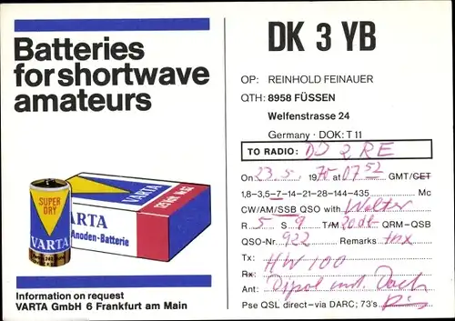 Ak QSL Karte, Funkerkarte, DK3YB, Reklame, Varta Batterien, Reinhold Feinauer, Füssen