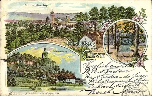 Litho Kleve am Niederrhein, Schwanenburg, Moritzdenkmal, Panorama vom Clever Berg