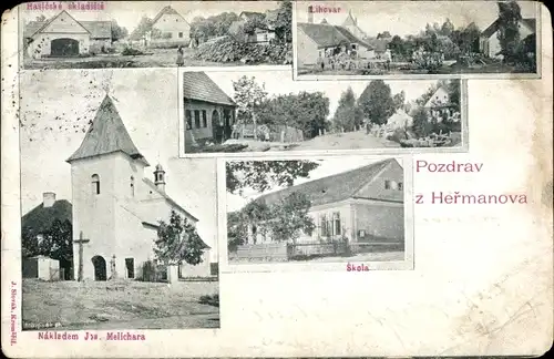 Ak Heřmanov u Křižanova Hermannschlag Region Hochland, Kirche, Schule, Teilansichten