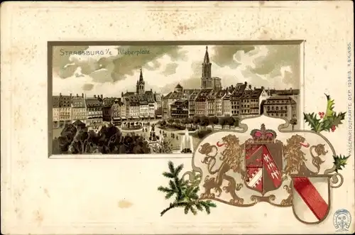 Präge Wappen Passepartout Litho Strasbourg Straßburg Elsass Bas Rhin, Kleberplatz