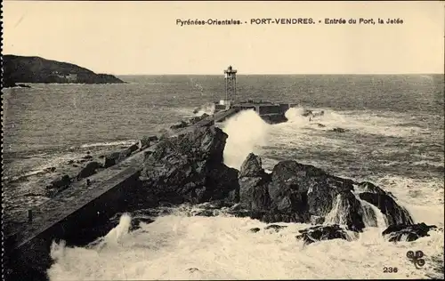 Ak Port Vendres Pyrénées Orientales, Entree du Port, la Jetee, Leuchtturm