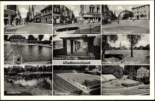Ak Wattenscheid Bochum Ruhrgebiet, Hochstraße, Postamt, Freibad, Freilichttheater, Stadtgarten
