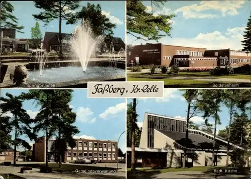 Ak Faßberg Lüneburger Heide, Katholische Kirche, Gemeindeverwaltung, Soldatenheim, Springbrunnen