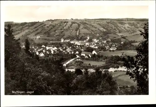 Ak Mulfingen Jagst, Panorama der Siedlung, Felder, Fluss