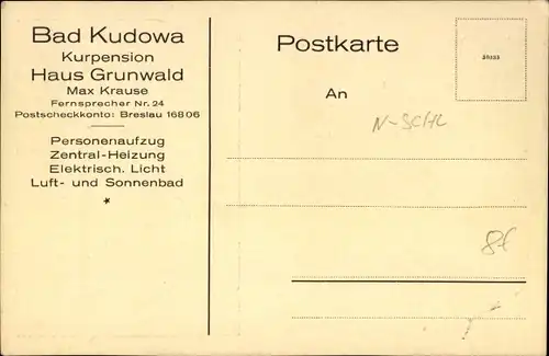 Ak Kudowa Zdrój Bad Kudowa Schlesien, Kurpension Hotel Grunwald, Max Krause