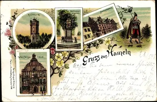 Litho Hameln an der Weser Niedersachsen, Klütthurm, Gertrudenbrunnen, Hochzeitshaus, Rattenfängerh.