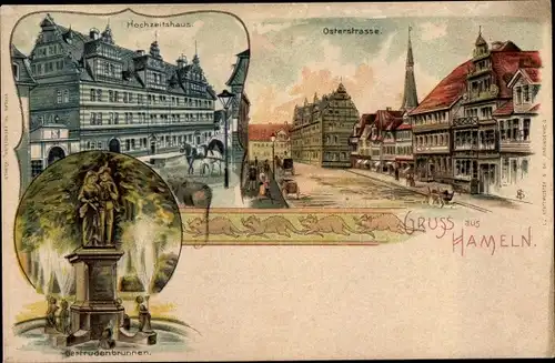 Litho Hameln an der Weser Niedersachsen, Hochzeitshaus, Osterstraße, Gertrudenbrunnen