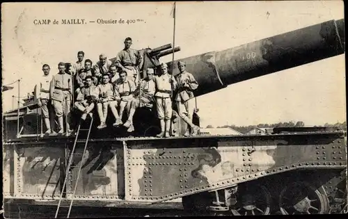 Ak Mailly le Camp Aube, Obusier de 400mm, französische Soldaten mit Geschütz