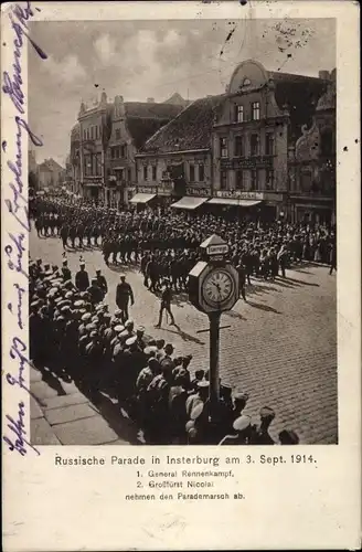 Ak Tschernjachowsk Insterburg Ostpreußen, Russische Parade 1914, Rennenkampf, Großfürst Nicolai