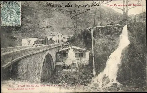 Ak Prats de Mollo Pyrénées Orientales, Blick auf den Ort, Wasserfall