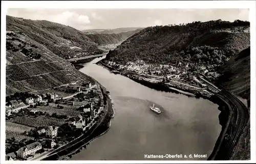 Ak Kattenes Löf an der Mosel, Oberfell, Talpanorama m. Moselpartie, Dampfer, Eisenbahngleise