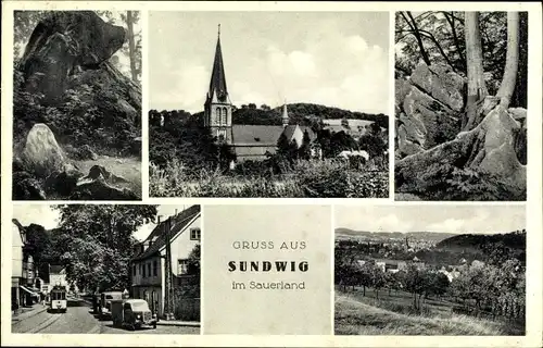 Ak Sundwig Hemer im Sauerland, Kirche, Felsenmeer, Straßenbahn, Kirche, Panoramaansicht vom Ort