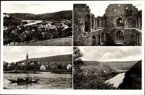 Ak Neckargerach in Baden Württemberg, Fernsicht, Ruine, Ruderpartie