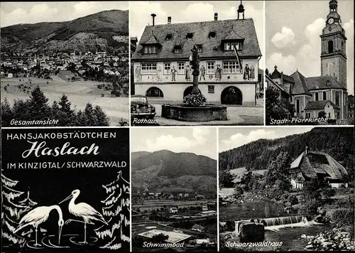 Ak Haslach im Kinzigtal Schwarzwald, Gesamtansicht, Rathaus, Stadtpfarrkirche, Schwarzwaldhaus, Bad