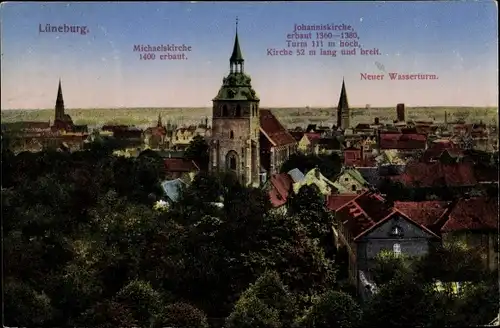 Ak Lüneburg in Niedersachsen, Michaelskirche, Neuer Wasserturm, Johanniskirche