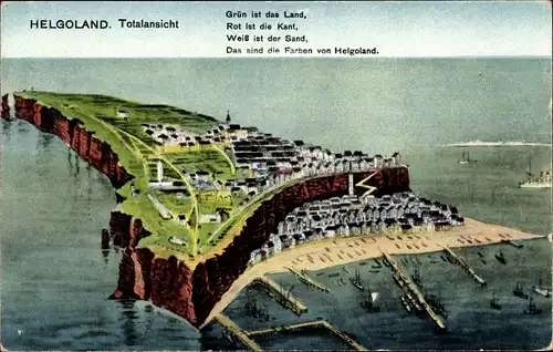 Ak Helgoland, Totalansicht mit Blick zum Hafen und Dünen