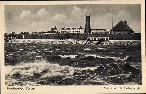 Ak Nordseebad Büsum, Seeseite, Badeanstalt, Leuchtturm