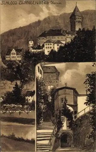 Künstler Ak Zwingenberg Neckar Odenwald Kreis, Neckarpartie mit Schlossblick