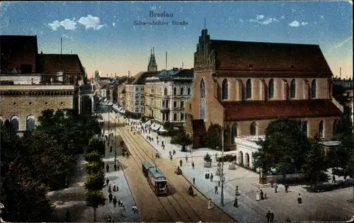 Ak Wrocław Breslau Schlesien, Schweidnitzer Straße, Straßenbahn