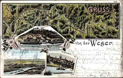 Landkarten Litho Fürstenberg an der Weser, Holzminden, Corvey, Höxter, Dampfer Fürst Bismarck