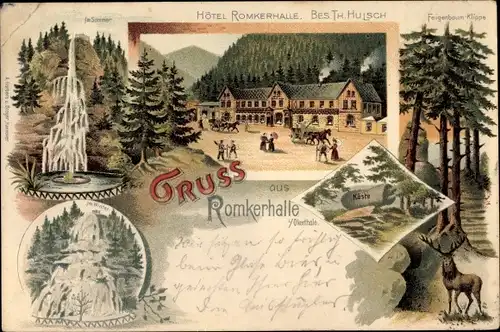 Litho Goslar in Niedersachsen, Hotel Romkerhalle, Okertal, Wasserfall, Feigenbaumklippe, Hirsch