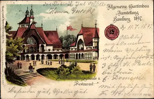 Litho Hamburg, Allg. Gartenbau Ausstellung 1897, Hauptausstellungsgebäude, Restaurant