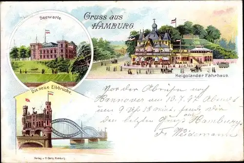 Litho Hamburg Mitte St. Pauli, Seewarte, Helgoländer Fährhaus, Neue Elbbrücke