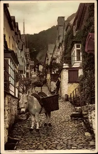 Ak Clovelly Devon England, High Street, Esel mit Körben