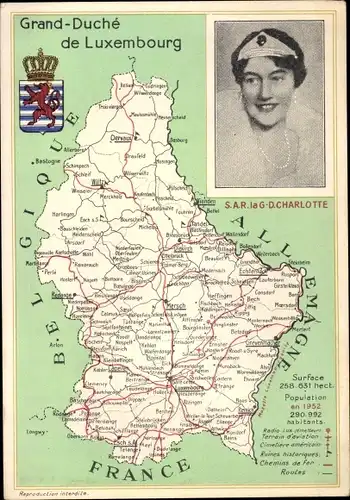 Wappen Landkarten Ak Luxemburg, Großherzogin Charlotte, Mersch, Diekirch, Esch