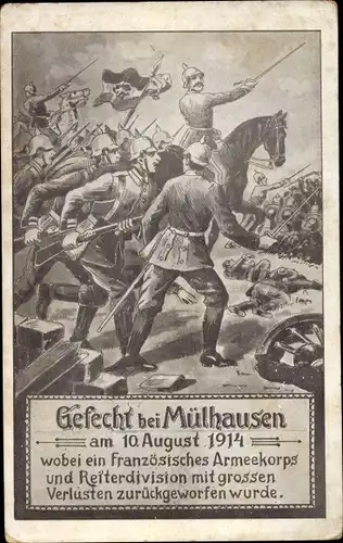 Künstler Ak Mulhouse Mülhausen Elsass Haut Rhin, Gefecht 1914, Schlachtszene, I WK