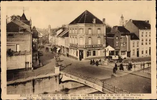 Ak Hal Flämisch Brabant Flandern, Entree de la Ville, vue de l'Hotel A la vue de la Station