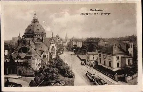 Judaika Ak Dortmund im Ruhrgebiet, Hiltropwall mit Synagoge, Straßenbahn