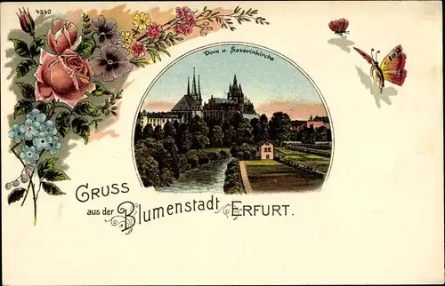 Passepartout Litho Erfurt in Thüringen, Blumenstadt, Dom und Severinkirche