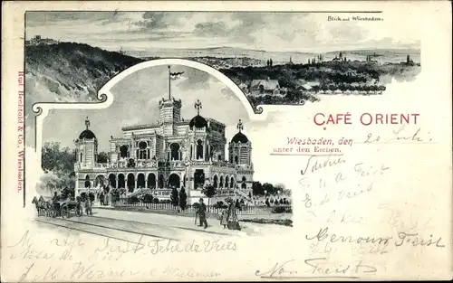 Künstler Ak Wiesbaden in Hessen, Cafe Orient, Unter den Eichen, Panoramablick 