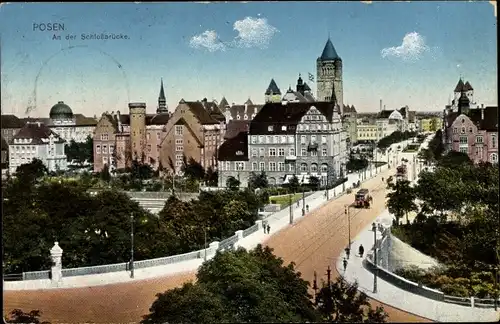 Ak Poznań Posen, An der Schlossbrücke, Straßenpartie