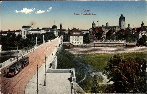Ak Poznań Posen, An der Theaterbrücke, Bahnstrecke