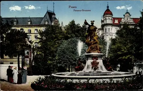 Ak Poznań Posen, Perseus Brunnen, Grünanlagen