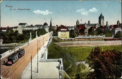 Ak Poznań Posen, An der Theaterbrücke, Straßenbahn